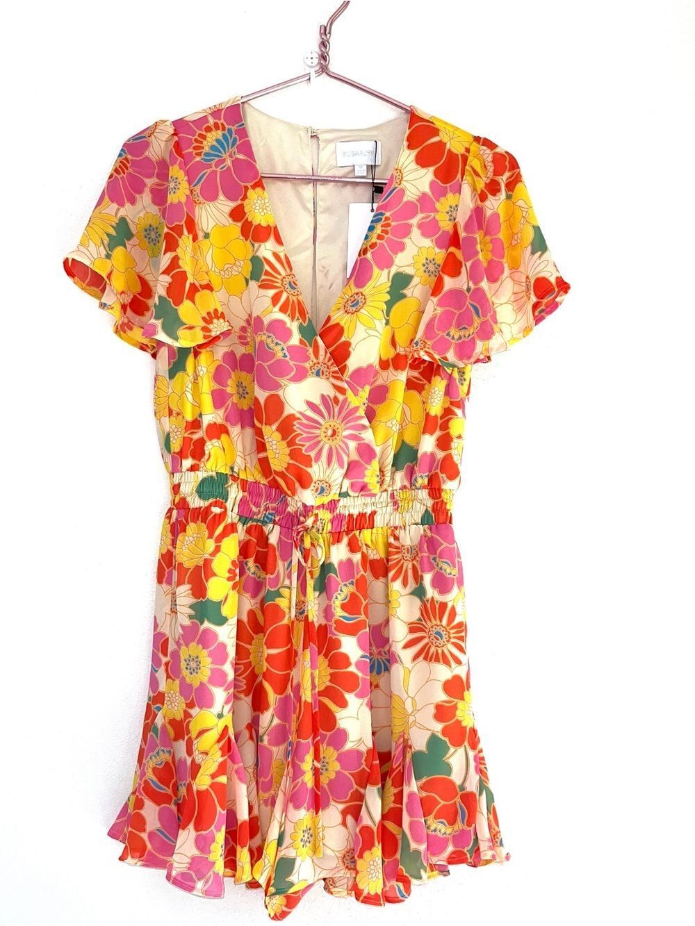 Sugarlips Edna Tropical Floral Romper NWT V-Neck Flutter Sleeves Tangerine Med